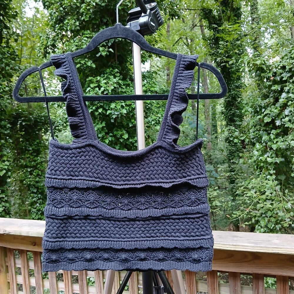 By Together 'Ruffle Tank' Black Crochet Artsy Textured Semi Stretch Knit Sz S - Picture 9 of 9